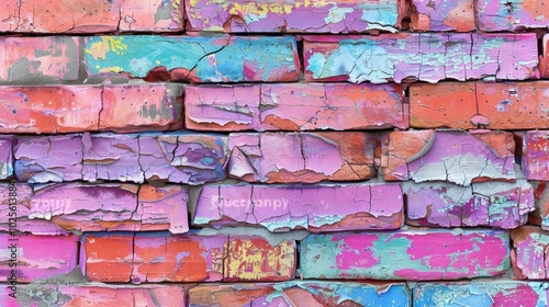 Colorful Textured Brick Wall with Peeling Paint