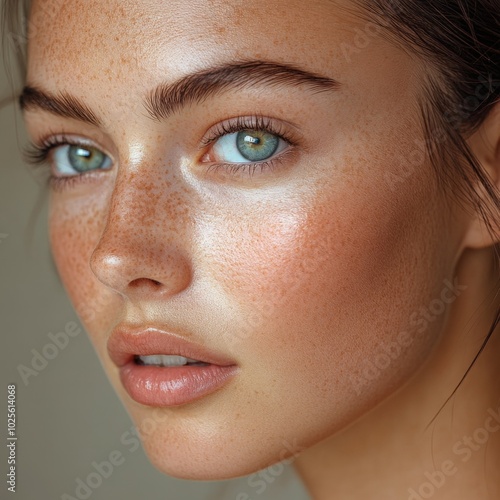 This image artistically highlights a woman's freckled face, capturing a sense of beauty and natural elegance with vivid colors and fine details. photo