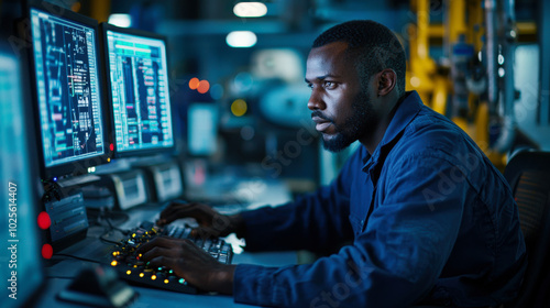 focused technician operates multiple monitors in control room, analyzing data and managing systems. environment is high tech and dynamic, reflecting importance of precision in operations