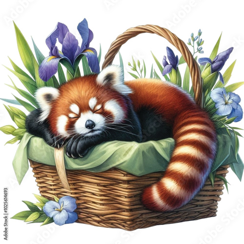 Red panda sleeping in a basket of iris flowers clipart watercolor
