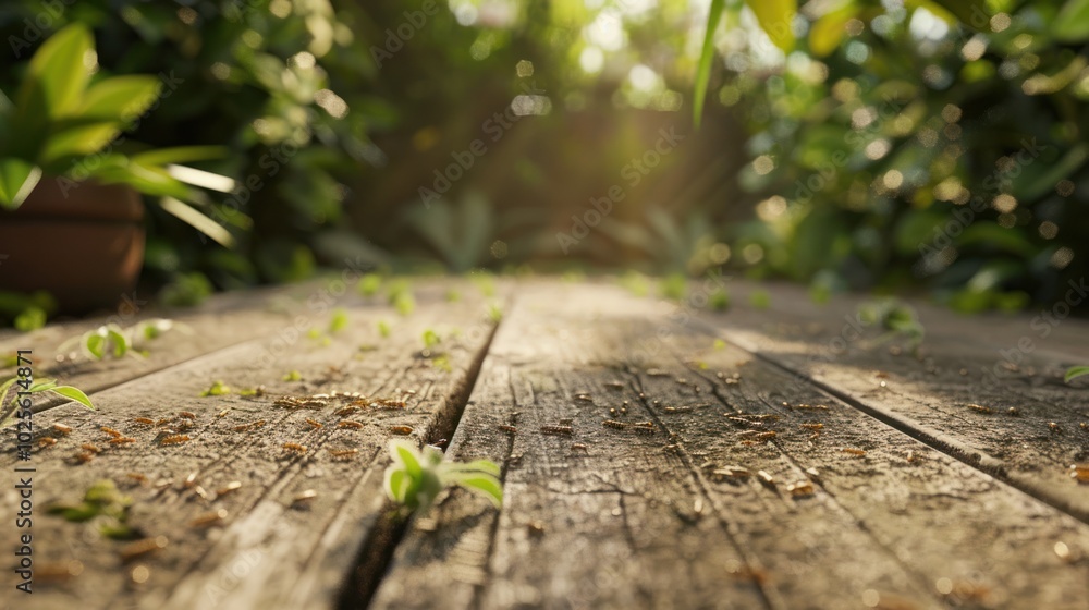 Close-Up of Wooden Planks with Ants and Green Shoots Close-Up of Wooden Planks with Ants and Green Shoots