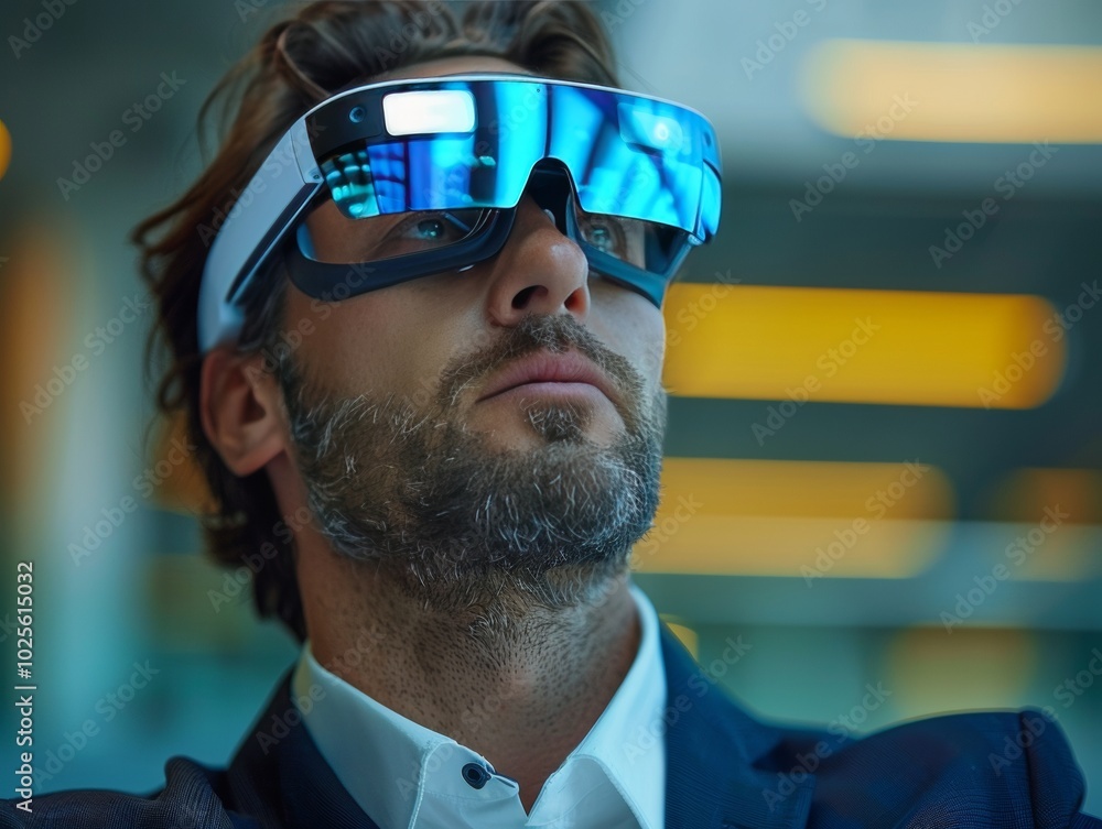 Man wearing futuristic smart glasses looking upwards Man wearing futuristic smart glasses looking upwards
