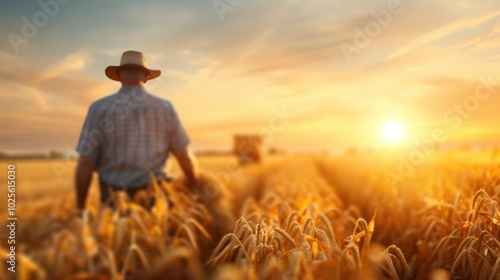 A farmer walks through golden wheat fields at sunset, embodying the serenity and beauty of rural life.