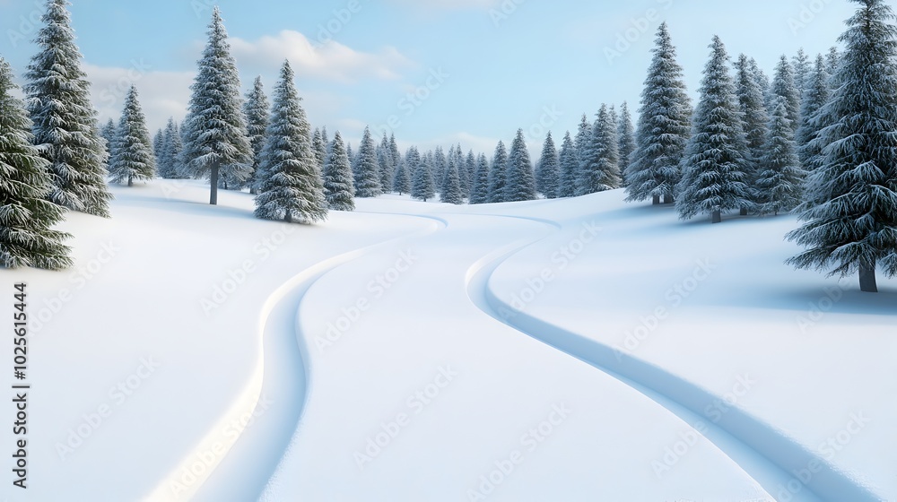 Obraz premium Serene Snow Covered Forest Trail Adventure in Winter Wilderness