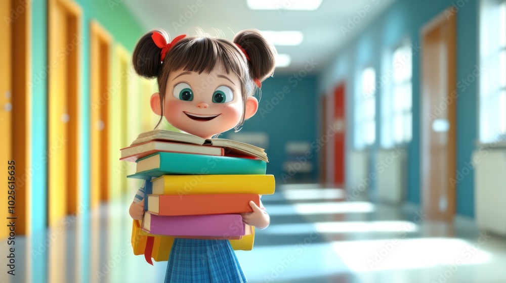 A cheerful girl in a school hallway holding a stack of colorful books. A cheerful girl in a school hallway holding a stack of colorful books.