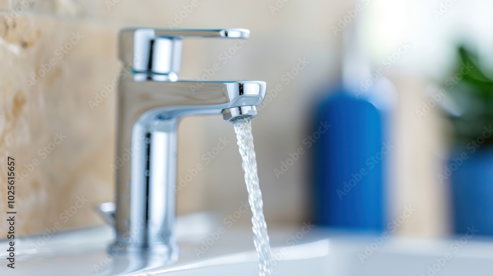 A sleek chrome faucet streams water into a modern sink, highlighting contemporary bathroom design and functionality. A sleek chrome faucet streams water into a modern sink, highlighting contemporary bathroom design and functionality.