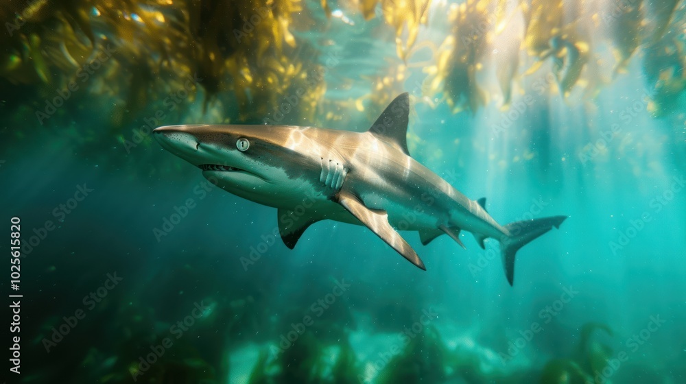 Fototapeta premium A shark swims gracefully through sunlit waters, surrounded by kelp, showcasing the beauty and serenity of marine life.