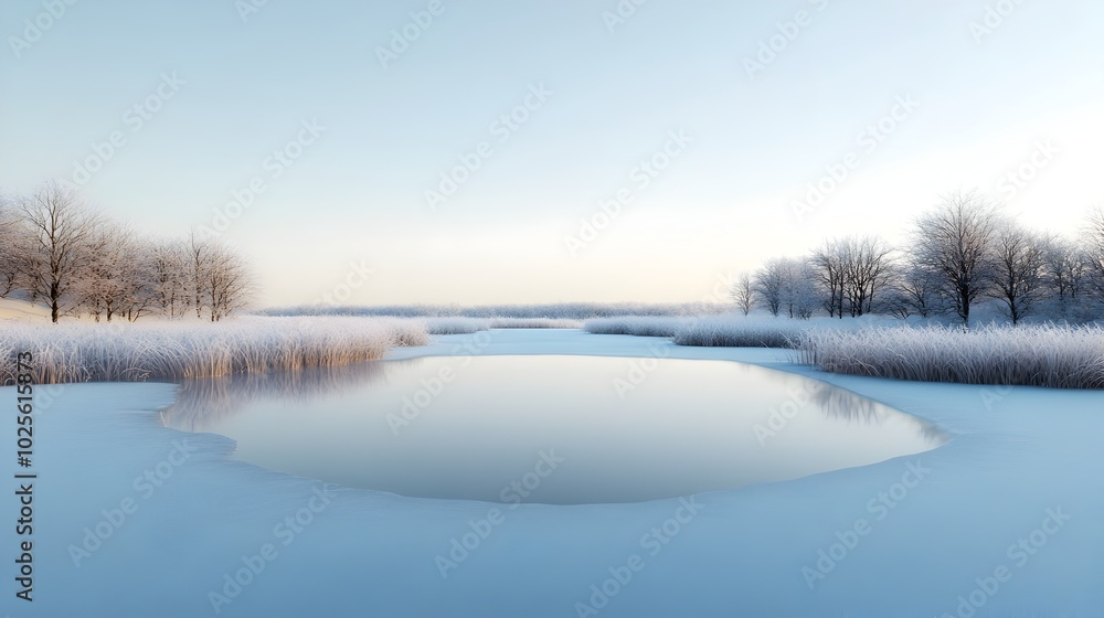 Frozen Pond Reflecting the Winter Sky with Frosty Surroundings Frozen Pond Reflecting the Winter Sky with Frosty Surroundings