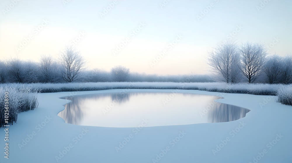 Frozen Pond Reflecting Pale Winter Sky and Frosty Surroundings in Serene Landscape Frozen Pond Reflecting Pale Winter Sky and Frosty Surroundings in Serene Landscape