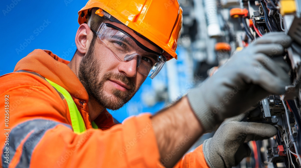 electrical engineer wearing protective gear works diligently on control panel, showcasing focus and expertise in bright orange safety outfit electrical engineer wearing protective gear works diligently on control panel, showcasing focus and expertise in bright orange safety outfit