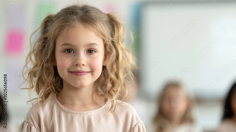 A cheerful girl with curly hair smiles in a classroom, surrounded by blurred classmates, embodying innocence and learning. A cheerful girl with curly hair smiles in a classroom, surrounded by blurred classmates, embodying innocence and learning.