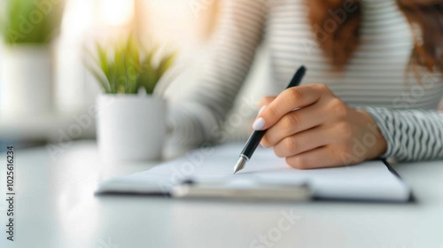 A woman writes in a notebook with a plant in a pot in the background, set in a bright, modern workspace.