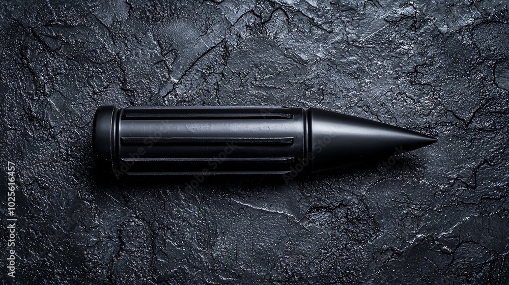 Menacing Dark Metallic Nuclear Warhead Casting Ominous Shadows on Textured Surface in Studio Setting Menacing Dark Metallic Nuclear Warhead Casting Ominous Shadows on Textured Surface in Studio Setting