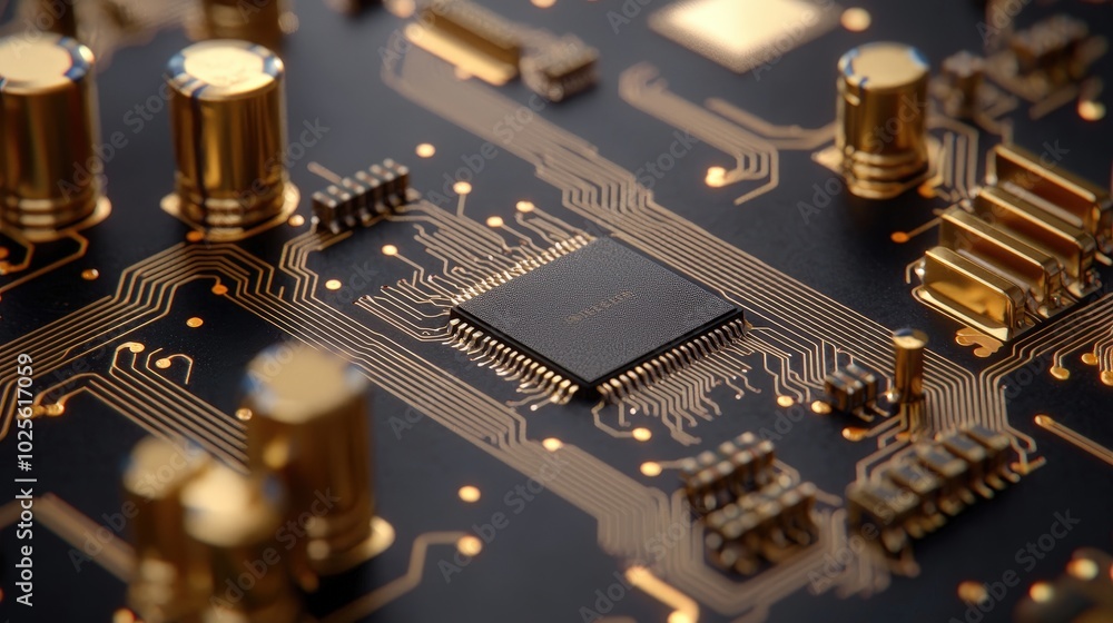 Closeup of a Golden Circuit Board with a Microchip Closeup of a Golden Circuit Board with a Microchip
