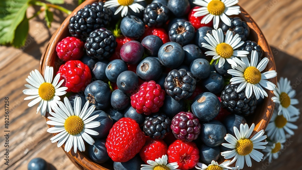 Cloudberry and Berry Mix Bowl with Daisies - Aerial Drone Photography of Wild Berries in Summer Cloudberry and Berry Mix Bowl with Daisies - Aerial Drone Photography of Wild Berries in Summer