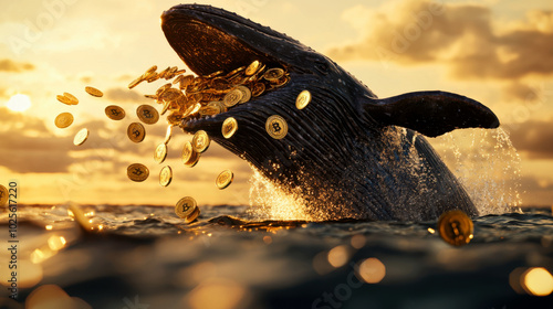 giant whale breaches oceans surface, showering golden coins in stunning sunset. This captivating scene evokes sense of wonder and abundance