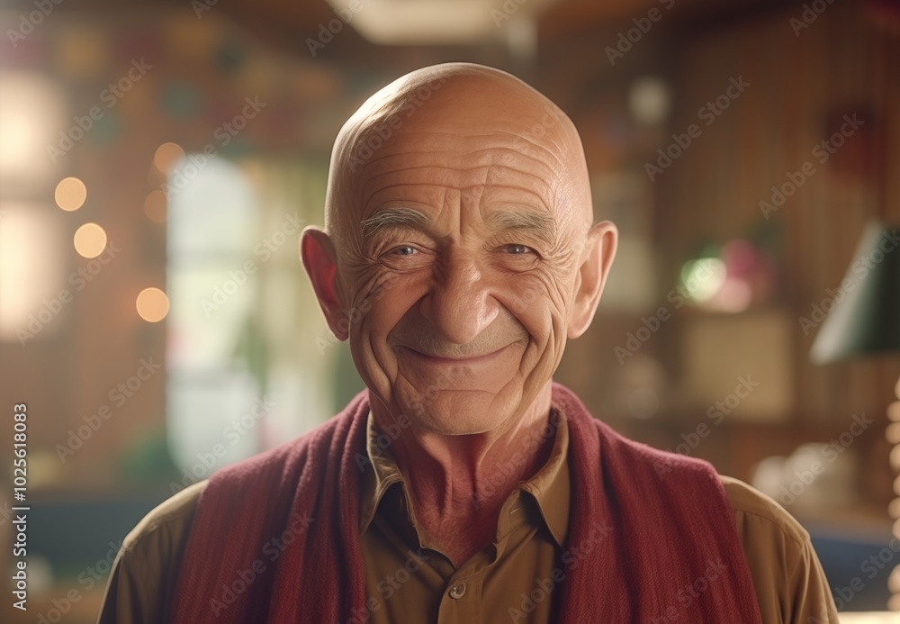 An elderly gentleman with a shiny bald head smiling warmly.generative ai illustration An elderly gentleman with a shiny bald head smiling warmly.generative ai illustration