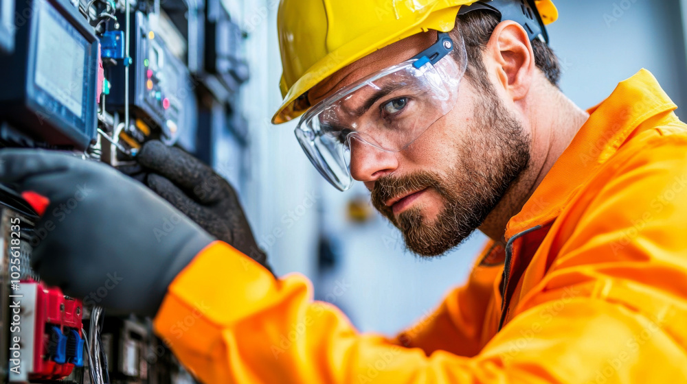electrical engineer wearing protective gear works diligently on control panel, showcasing focus and expertise in technical environment electrical engineer wearing protective gear works diligently on control panel, showcasing focus and expertise in technical environment