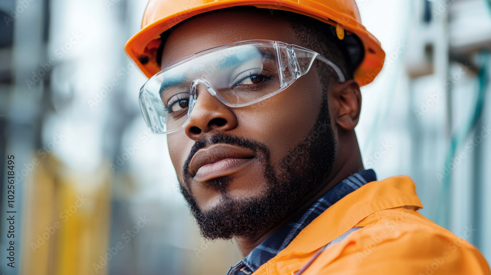 focused electrical engineer wearing protective gear, including hard hat and safety glasses, stands confidently at construction site. His expression reflects determination and professionalism focused electrical engineer wearing protective gear, including hard hat and safety glasses, stands confidently at construction site. His expression reflects determination and professionalism