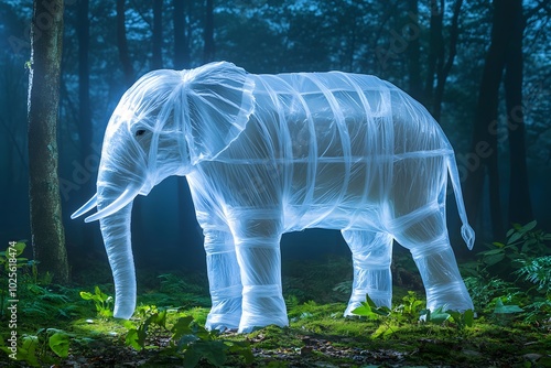 An elephant wrapped in plastic, with a forest background