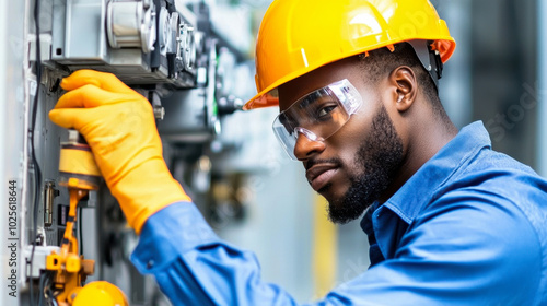 electrical engineer wearing protective gear works diligently on control panel, showcasing focus and expertise in professional environment