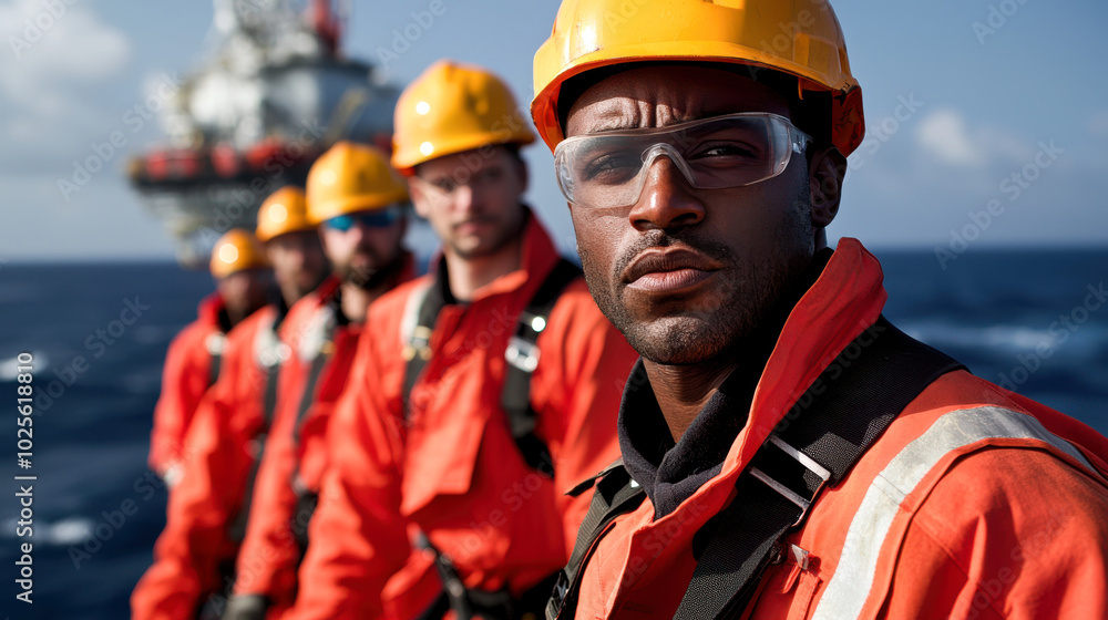 Offshore technicians in safety gear stand confidently on platform, showcasing teamwork and professionalism in marine environment. Their bright orange suits and helmets highlight their commitment to Offshore technicians in safety gear stand confidently on platform, showcasing teamwork and professionalism in marine environment. Their bright orange suits and helmets highlight their commitment to