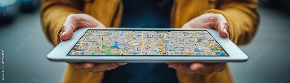 A person holding a tablet displaying a colorful map interface, showcasing the integration of technology and navigation in daily life. A person holding a tablet displaying a colorful map interface, showcasing the integration of technology and navigation in daily life.