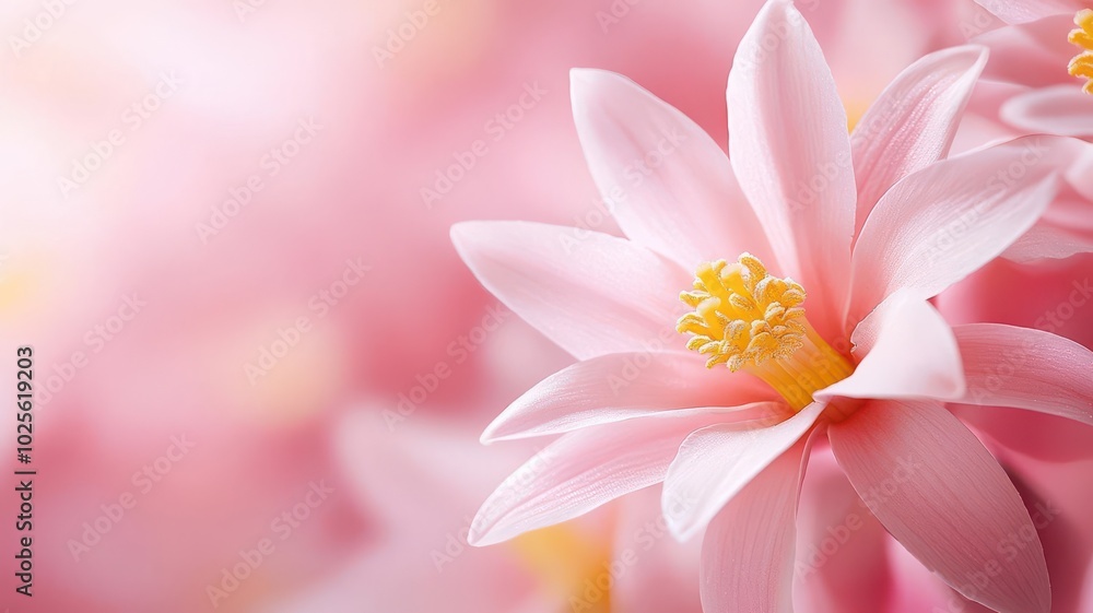Fototapeta premium A stunning close-up of a pink flower, showcasing its delicate petals and vibrant yellow center. The soft focus background enhances the flower's beauty and serene nature.