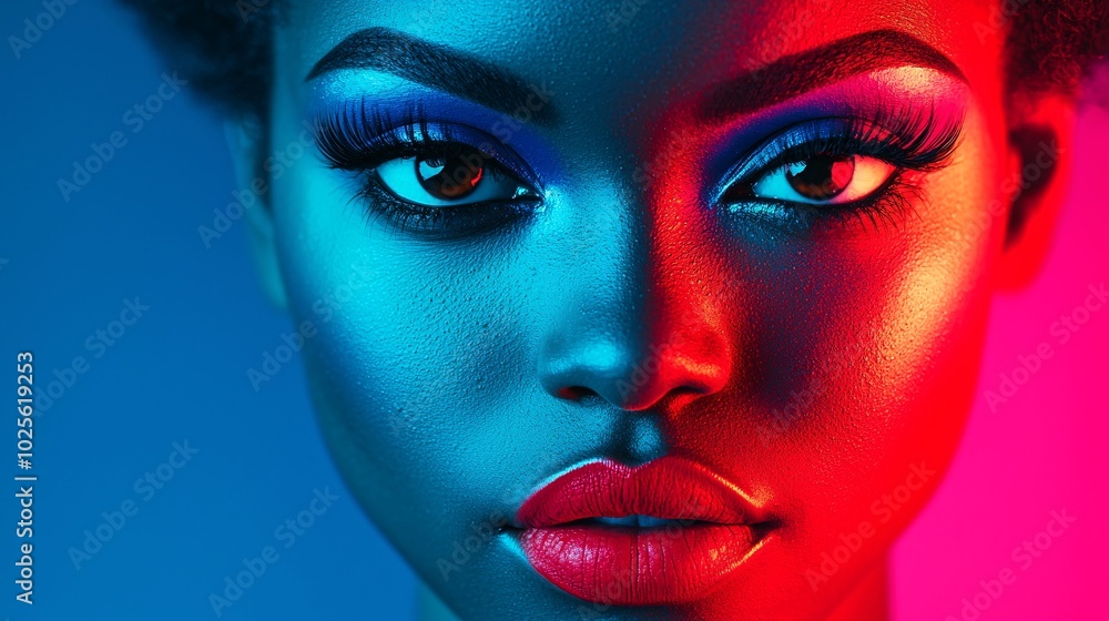 Intense Stare - Close-up Portrait of African American Woman with Bold Makeup Against Moody Background in Studio Photo Intense Stare - Close-up Portrait of African American Woman with Bold Makeup Against Moody Background in Studio Photo