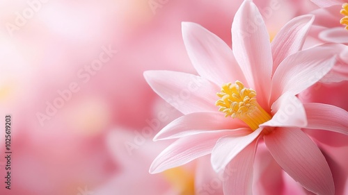 A stunning close-up of a pink flower, showcasing its delicate petals and vibrant yellow center. The soft focus background enhances the flower's beauty and serene nature.