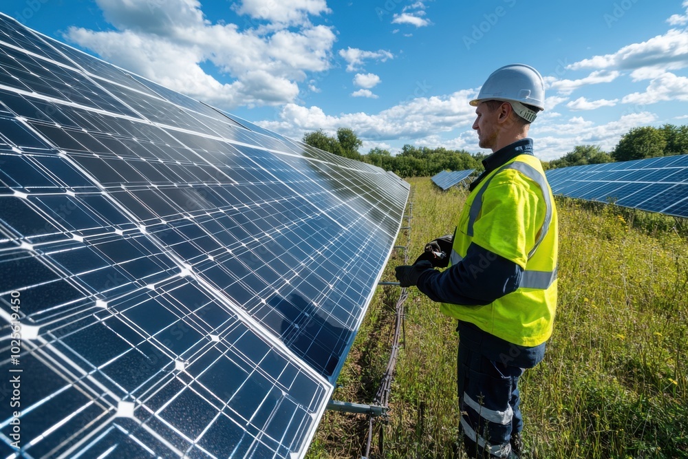 Engineer inspecting solar panel installation, with copy space