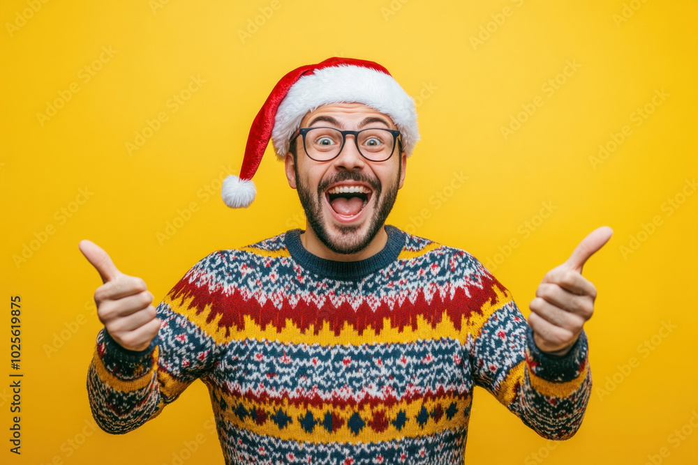 Man in Santa hat pointing up. Man in Santa hat pointing up.