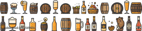 Beer icons vector set design. Hop, grape, barrel, distillery, corkscrew, certified, signboard, rack and bottle cap, oil drum, factory, soda can, wheat wreath icon design