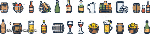Beer icons vector set design. Hop, grape, barrel, distillery, corkscrew, certified, signboard, rack and bottle cap, oil drum, factory, soda can, wheat wreath icon design