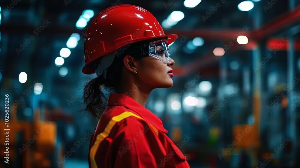 Profile of a woman in safety gear at a manufacturing facility Profile of a woman in safety gear at a manufacturing facility