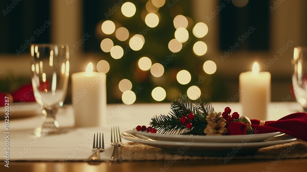 Naklejka premium Elegant Holiday Dinner Setting with Candles and Decorations