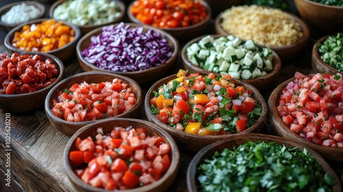 Colorful Assortment of Fresh Chopped Vegetables in Wooden Bowls