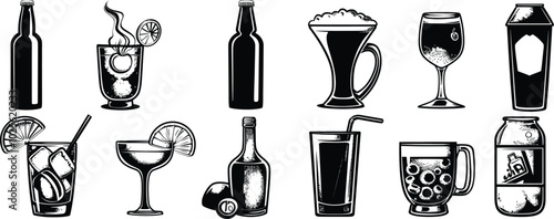 Beer icons vector set design. Hop, grape, barrel, distillery, corkscrew, certified, signboard, rack and bottle cap, oil drum, factory, soda can, wheat wreath icon design