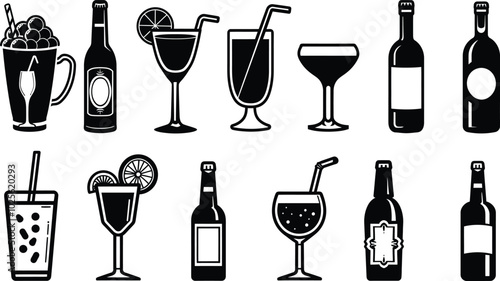 Beer icons vector set design. Hop, grape, barrel, distillery, corkscrew, certified, signboard, rack and bottle cap, oil drum, factory, soda can, wheat wreath icon design