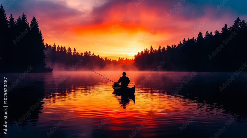 Serene fishing at sunset on a tranquil lake Serene fishing at sunset on a tranquil lake