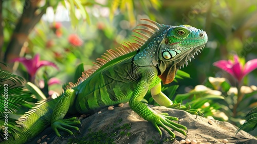 Green Iguana Lizard Perched on a Rock in Lush Tropical Foliage