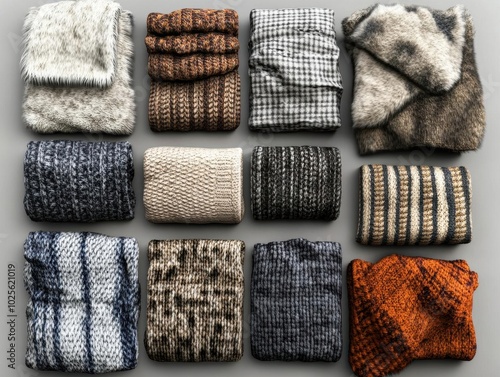 Variety of Knitted and Fur Fabrics in Different Colors and Patterns photo