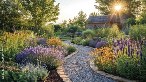 A bee-friendly garden, with plants specifically chosen to support pollinators photo