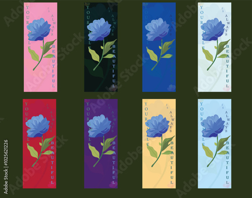 Set of bookmark, background, flower element, Korean design. Story of bound that always beautiful in flower in various cool emotional colour tone.
