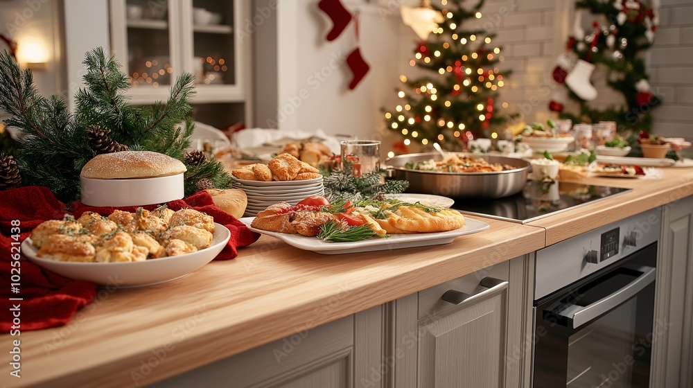 Festive Holiday Feast with Delicious Dishes on Table Festive Holiday Feast with Delicious Dishes on Table