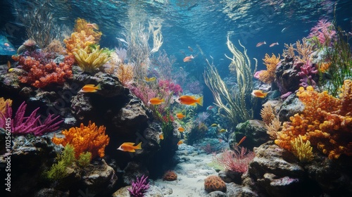 A large aquarium featuring decorative materials like coral, rocks, and plants, with vibrant fish swimming through the underwater decor.