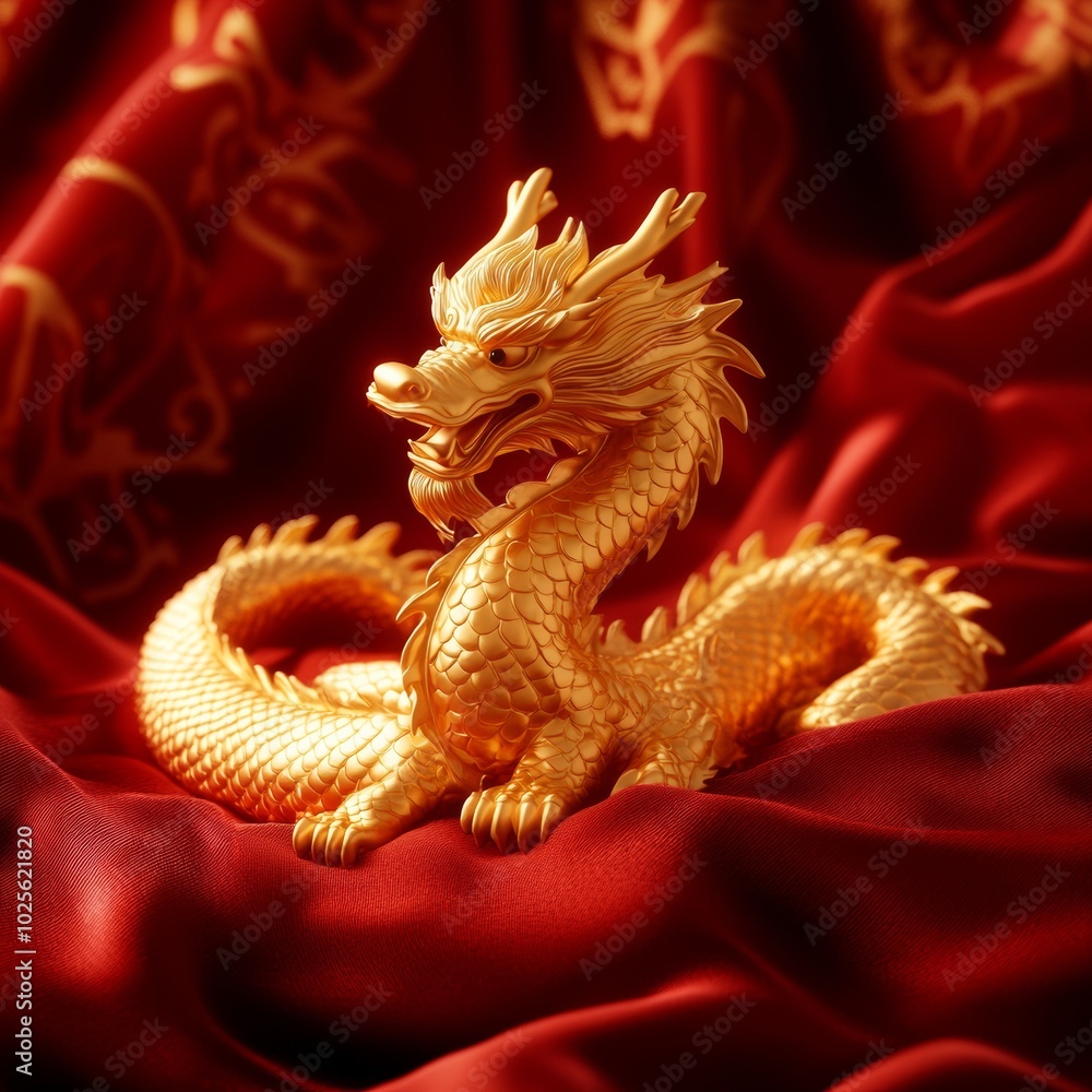 A golden dragon figurine resting on a red silk background A golden dragon figurine resting on a red silk background
