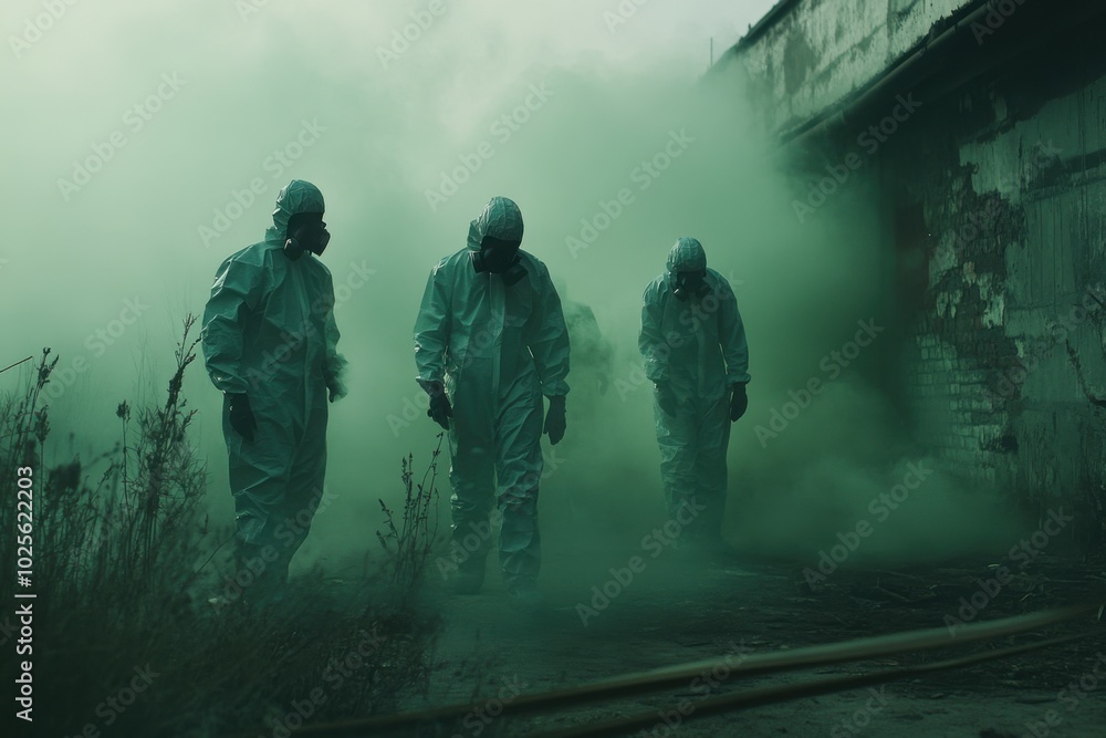 Hazmat-suited workers in toxic wasteland, with copy space Hazmat-suited workers in toxic wasteland, with copy space