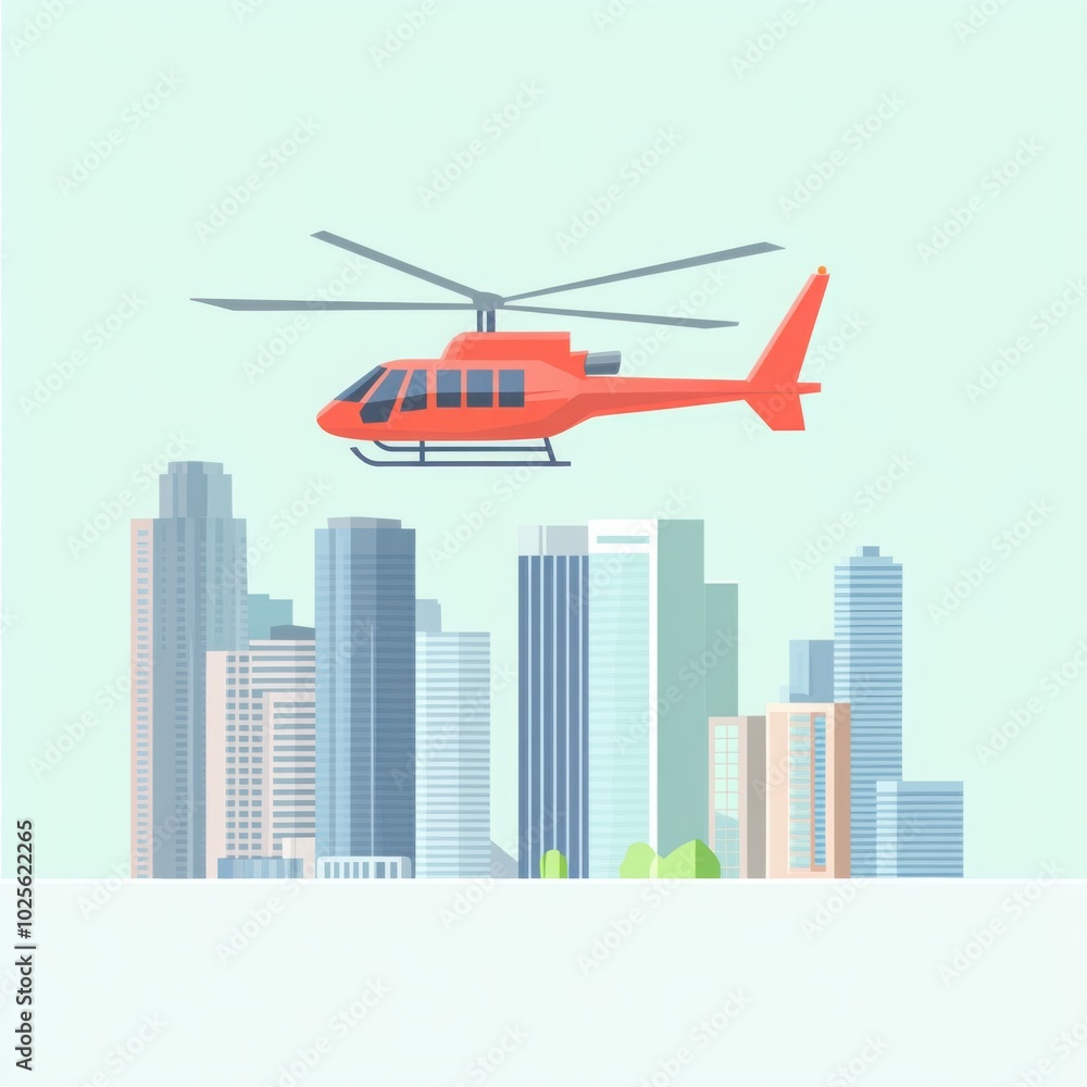 Obraz premium Helicopter hovering over skyscrapers vector art set flat color minimalist, with copy space