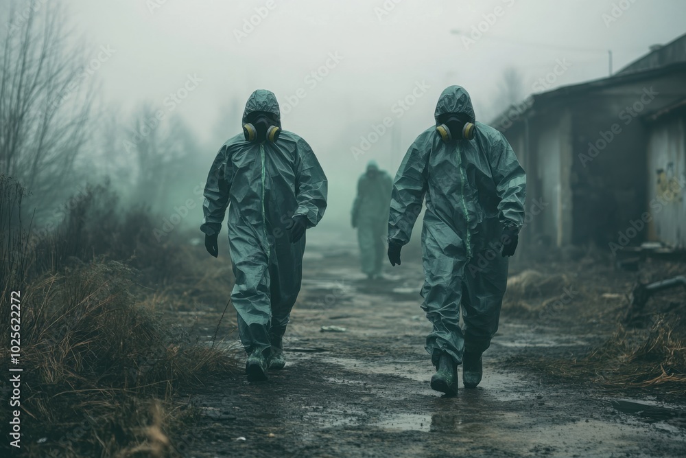 Hazmat-suited workers in toxic wasteland, with copy space Hazmat-suited workers in toxic wasteland, with copy space
